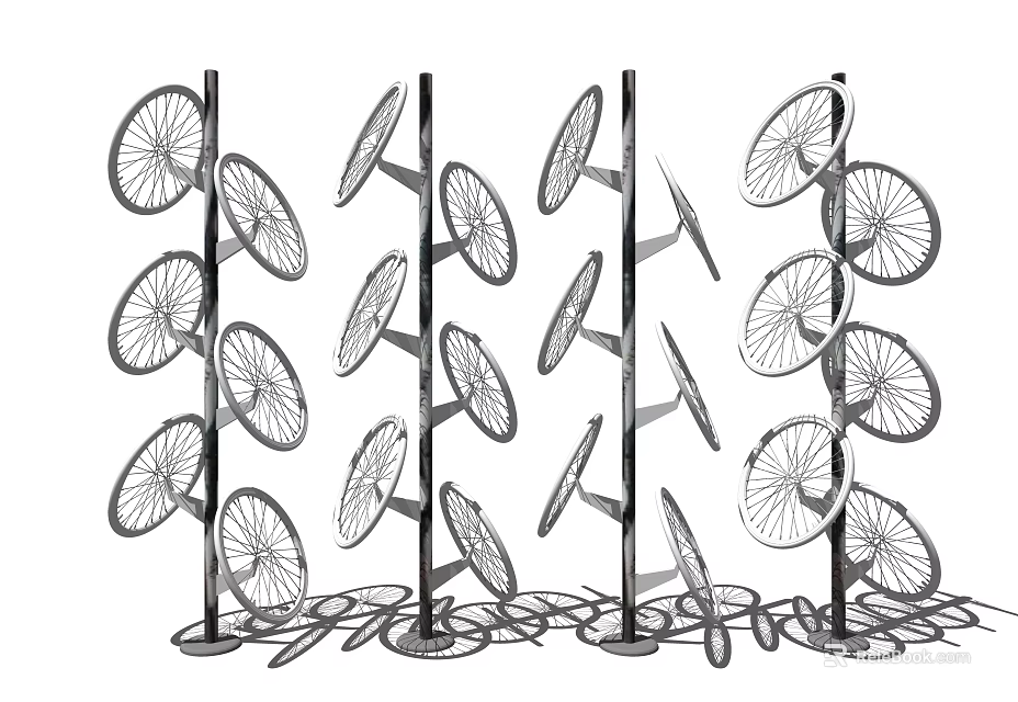 Multiple Car Tires Arranged On Vertical Metal Display Stands 3d model 