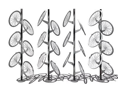 Multiple Car Tires Arranged On Vertical Metal Display Stands 3d model