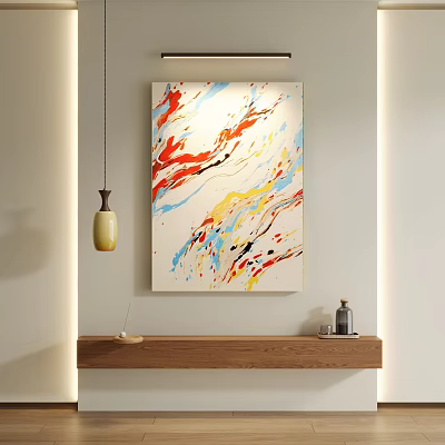Abstract Painting with Vibrant Red Orange Yellow Blue Colors on White Wall With Wooden Shelf 3d model