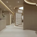 Modern Beauty Salon Interior With Curved Walls Ceilings Circular Skylights White Shutters And Beige Tones
