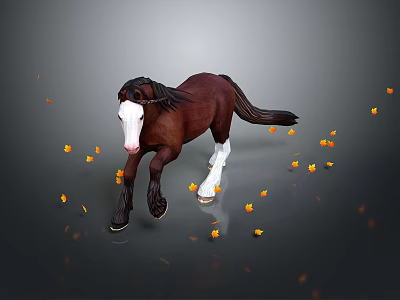 Brown And White Horse Running With Falling Yellow Petals On Dark Background 3d model