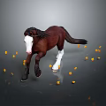 Brown And White Horse Running With Falling Yellow Petals On Dark Background