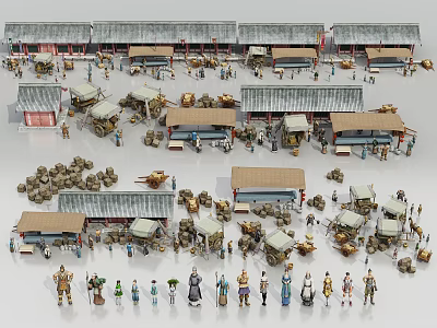 Game And Film Characters in Ancient Market Scene with Traditional Architecture Stalls And Vehicles 3d model