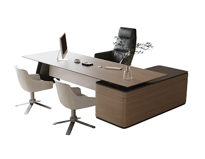 Modern Office Desk With Computer Monitor Two White Chairs And Potted Plant 3d model