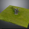 Wooden Windmill With Spinning Blades On Square Green Grass Lawn