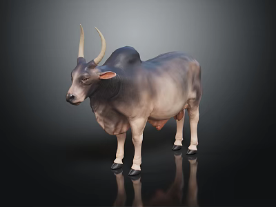 Long Horned Gray Brown Zebu Standing on Black Reflective Ground with Dark Background 3d model