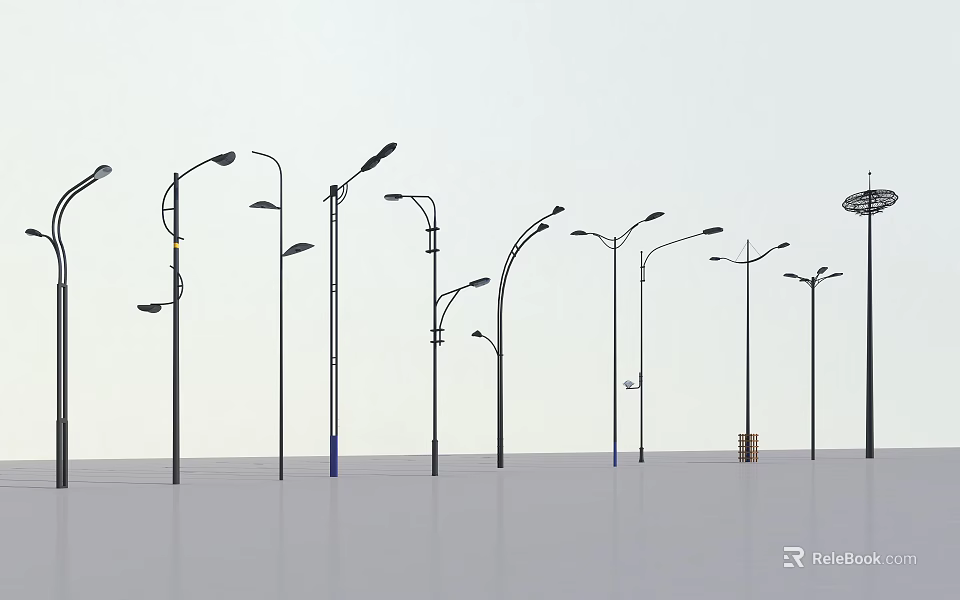Various Outdoor Street Light Designs With Different Pole Styles And Lamp Shapes 3d model 