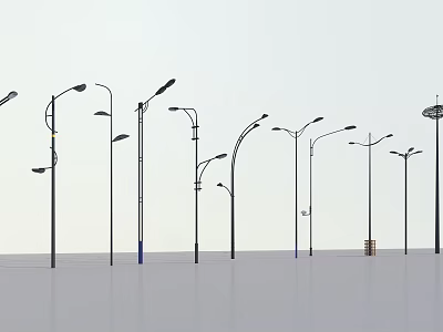 Various Outdoor Street Light Designs With Different Pole Styles And Lamp Shapes 3d model