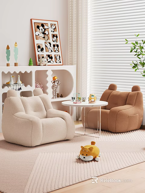 Modern Cozy Living Room Interior With Unique Shaped Ear Design Beige And Brown Sofas 3d model 