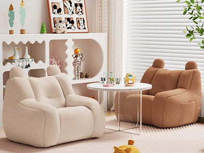Modern Cozy Living Room Interior With Unique Shaped Ear Design Beige And Brown Sofas 3d model