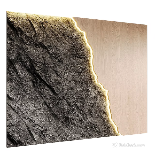 Wall Design Featuring Textured Stone And Wooden Panel With LED Strip Lighting 3d model 