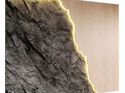 Wall Design Featuring Textured Stone And Wooden Panel With LED Strip Lighting 3d model