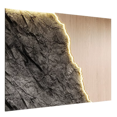 Wall Design Featuring Textured Stone And Wooden Panel With LED Strip Lighting 3d model