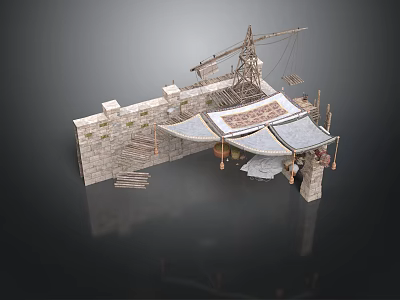 Ancient Architectural Scene Component With Stone Wall Wooden Stairs Crane Tiled Roof And Hanging Vessels 3d model
