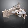 Ancient Architectural Scene Component With Stone Wall Wooden Stairs Crane Tiled Roof And Hanging Vessels