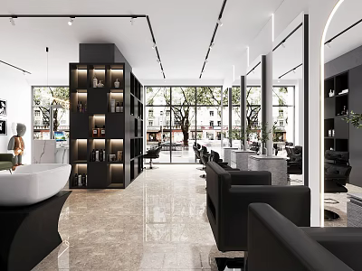 Modern Hair Salon Interior Design With Mirrors Styling Chairs And Storage Shelves 3d model