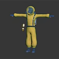 Yellow Protective Suit With Green Face Mask Backpack And Tool For Safety 3d model