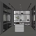 Modern Walk-in Closet Interior Design With Central Island Storage Cabinets And Hanging Rods