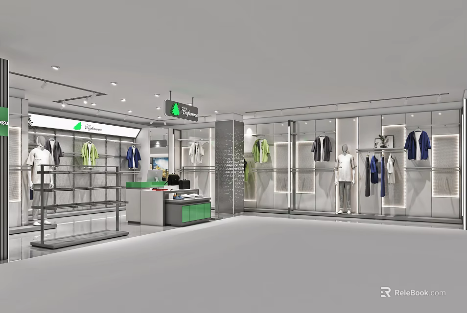 Modern Minimalist Mens Clothing Store Interior With Neat Display Racks And Lifelike Mannequins 3d model 