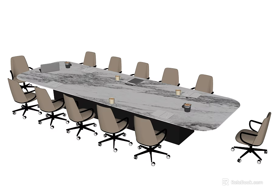 Modern Conference Table With Marble Top And Wheeled Office Chairs In Meeting Room 3d model 