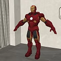 Red and Gold Iron Man Sculpture Standing in Indoor Room With Curtain Plant Hanging Lamp