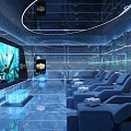 SPA Sauna Relaxation Lounge With Blue Reclining Chairs White Towels And Large Underwater Screen