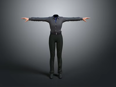 Man 3D Model Wearing Dark Shirt And Black Pants With Arms Outstretched Gray Gradient Background 3d model