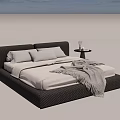 Double Bed with Black Woven Frame Light Mattress Pillows Gray Throw and Side Table Vase 3d model