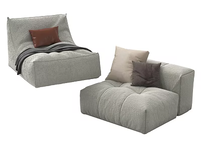 Gray Lazy Sofa Set with Brown Leather Pillow Blanket and Beige Dark Brown Pillows 3d model