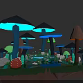 Low Poly Style Plant Painting With Colorful Mushroom Caps Small Plants And Stones