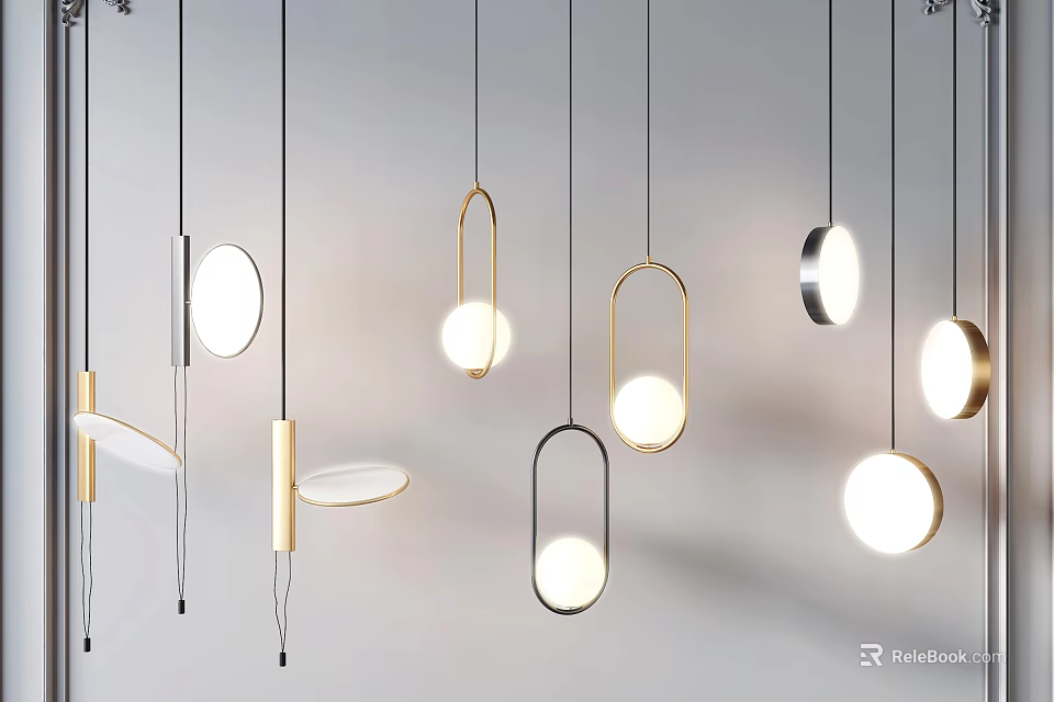 Modern Pendant Lights With Geometric Gold Black Frames And Round Lampshades For Contemporary Living Rooms 3d model 