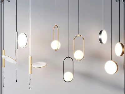 Modern Pendant Lights With Geometric Gold Black Frames And Round Lampshades For Contemporary Living Rooms 3d model