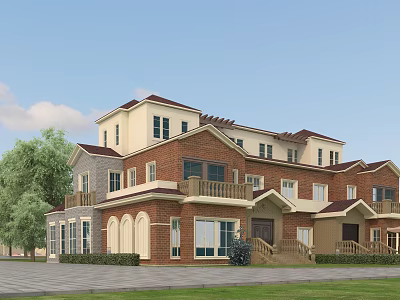 Two Story Semi Detached Villa Red Brick Exterior Red Roof Green Lawn Trees 3d model
