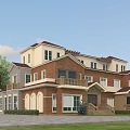 Two Story Semi Detached Villa Red Brick Exterior Red Roof Green Lawn Trees