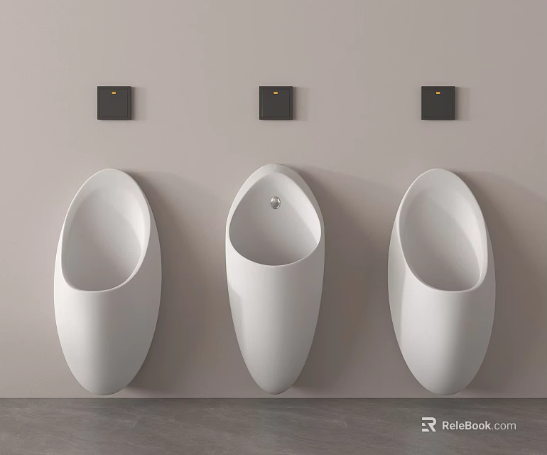 Modern White Wall Mounted Urinals In Bathroom With Black Flush Controls Above 3d model 
