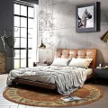 Double Bed with Brown Leather Headboard White Pillows Gray Blanket and Wall Art in Bedroom