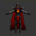 Futuristic Warrior Character In Metallic Armor With Red Cape And Glowing Chest Core