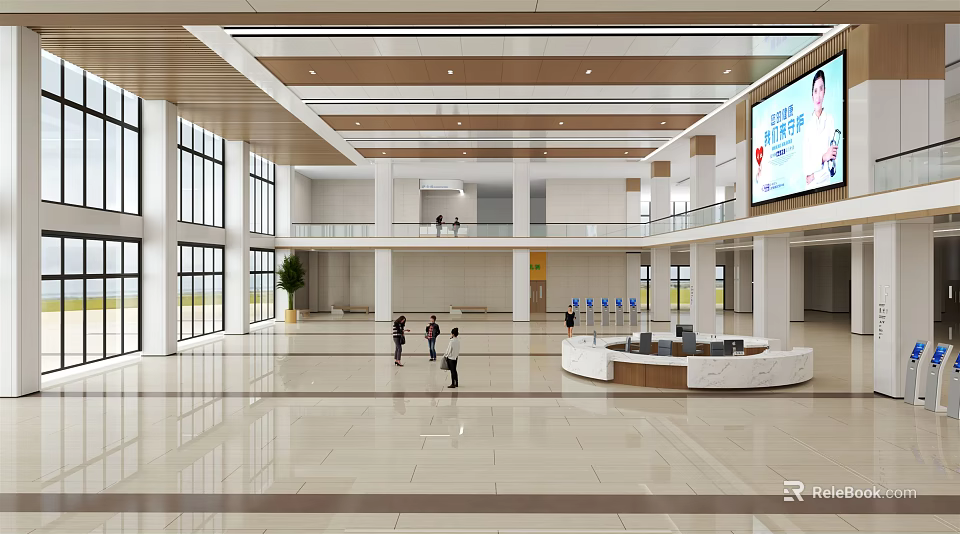 Spacious Public Lobby Interior With Marble Floor Reception Desk Large Screen And Windows 3d model