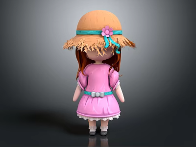 Cute Doll Character Wearing Straw Hat With Flower Pink Dress Blue Belt And Brown Hair 3d model