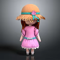 Cute Doll Character Wearing Straw Hat With Flower Pink Dress Blue Belt And Brown Hair