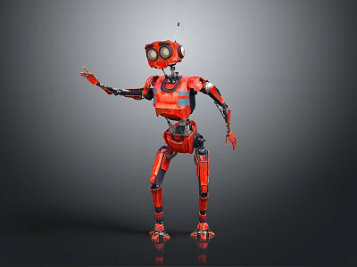 Red Mechanical Robot With Large Round Eyes And Jointed Limbs Standing In Gray Background 3d model