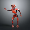Red Mechanical Robot With Large Round Eyes And Jointed Limbs Standing In Gray Background