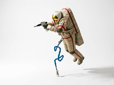 Decorative Ornament Set with Astronaut Figure in Beige Spacesuit Gold Helmet and Blue Rope Accent 3d model