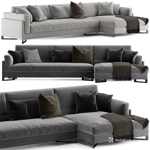 Modern Gray Sectional Sofa with Soft Fabric Throw Pillows and Cozy Blanket 3d model