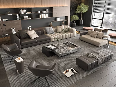 Modern Sectional Sofa With Marble Top Coffee Table And Accent Chairs In Living Room 3d model