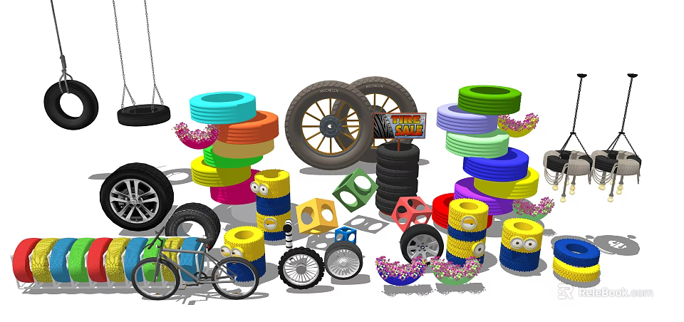 Colorful Creative Upcycled Tire Projects With Swing Planters Stacked Rings And Bicycle Tires 3d model 