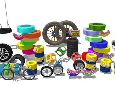 Colorful Creative Upcycled Tire Projects With Swing Planters Stacked Rings And Bicycle Tires 3d model