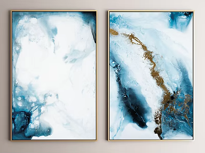Modern Abstract Painting Blue White Gold Fluid Marble Pattern Two Panel Wall Art Decor 3d model