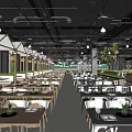 Modern Restaurant Interior Design With Open Layout Wooden Tables Chairs Hanging Lights And Green Plants