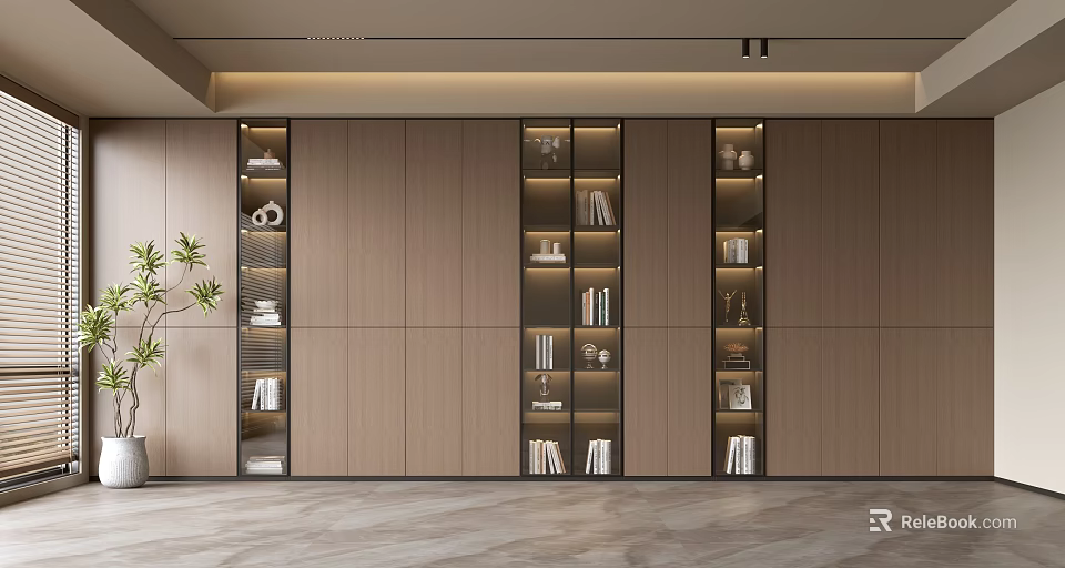 Modern Wooden Bookcase with Open Layered Shelves Holding Books and Decorations 3d model 